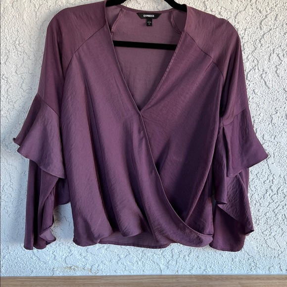 Express Women's Plum Ruffle Sleeve Blouse - Picture 2 of 16